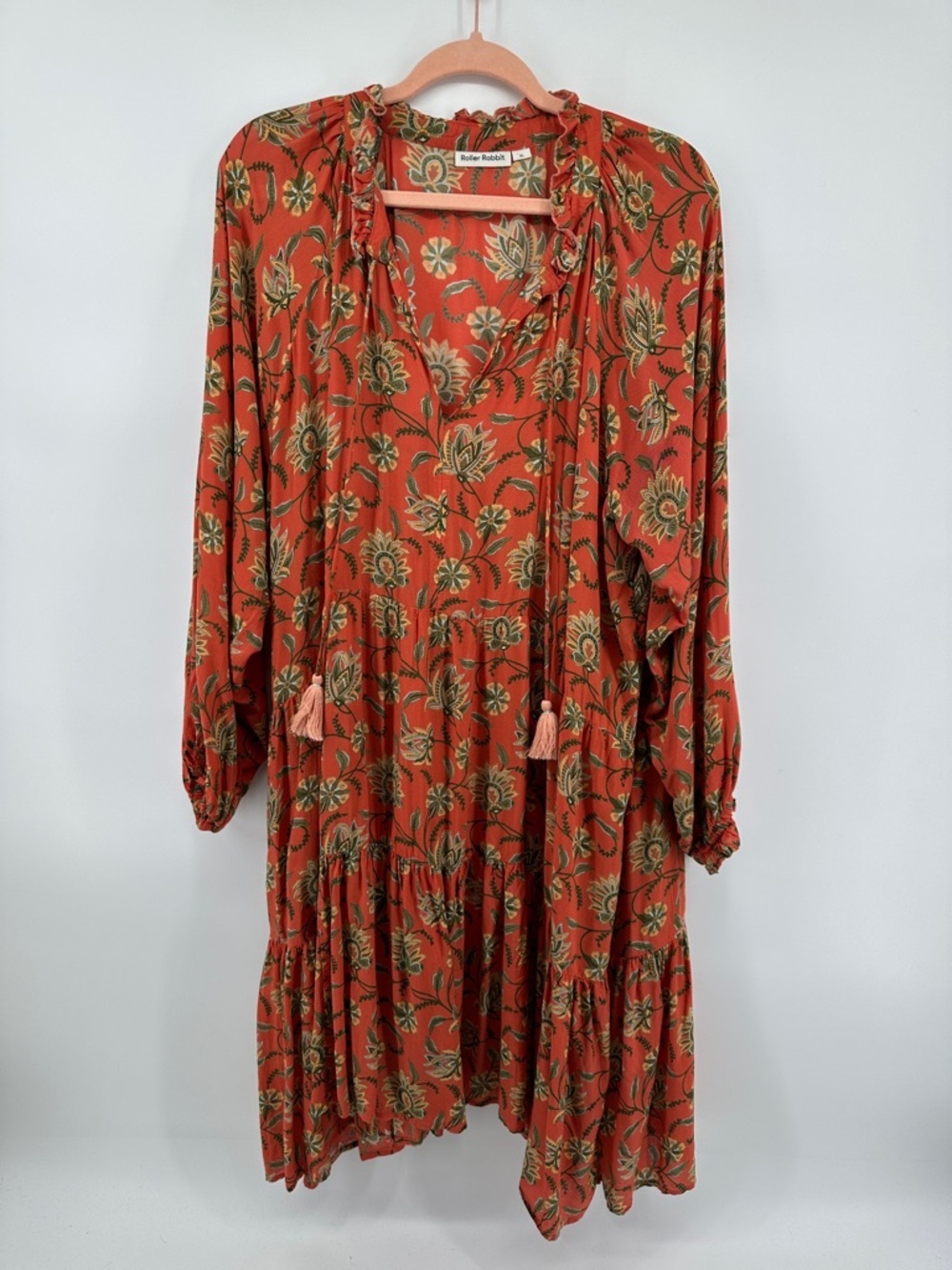 Roller Rabbit Cottagecore Western Boho Rust Floral Tassel Tiered Dress SzXL
